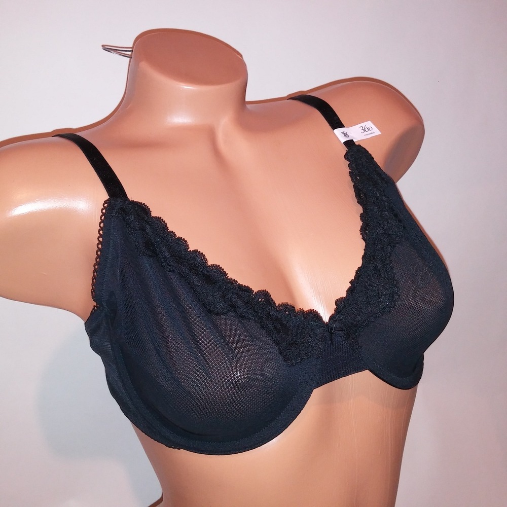 Victoria Secret Bra 36D Unlined Demi Black Sheer Lace Trim Tease Collection New